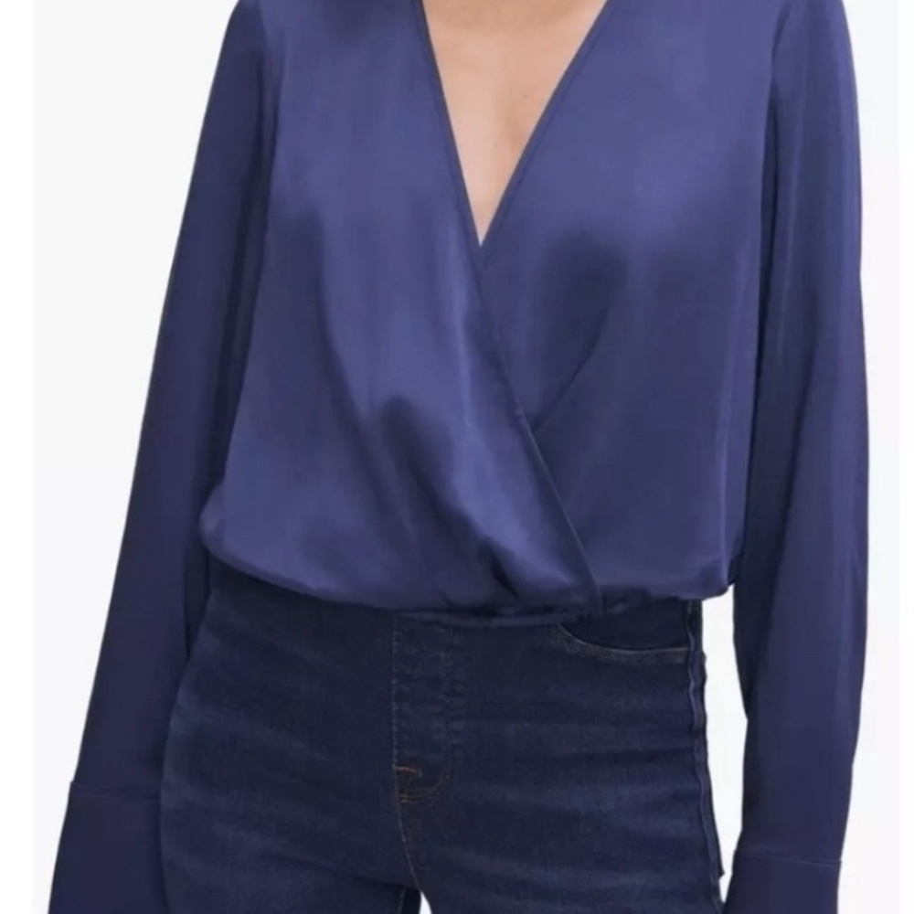 Good American Navy Faux Wrap Blouse